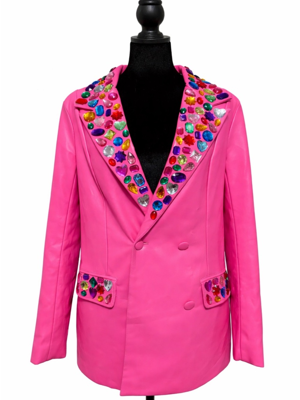 Bold Hot Pink Pleather Hand-Placed Jeweled Blazer Size 4- Functional Art